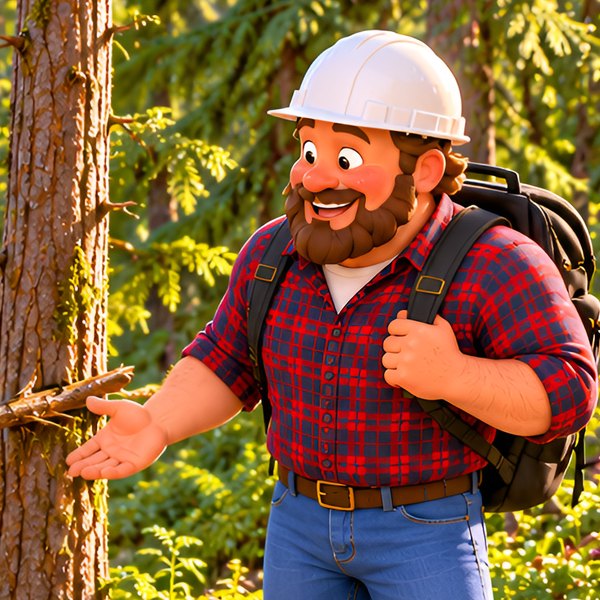Dad from the Yodie and Yaden books, a bearded builder in a white hard hat and red plaid shirt