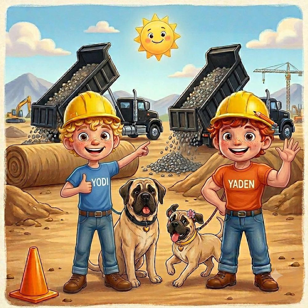 Yodie and Yaden with their Bullmastiffs next to two dump trucks