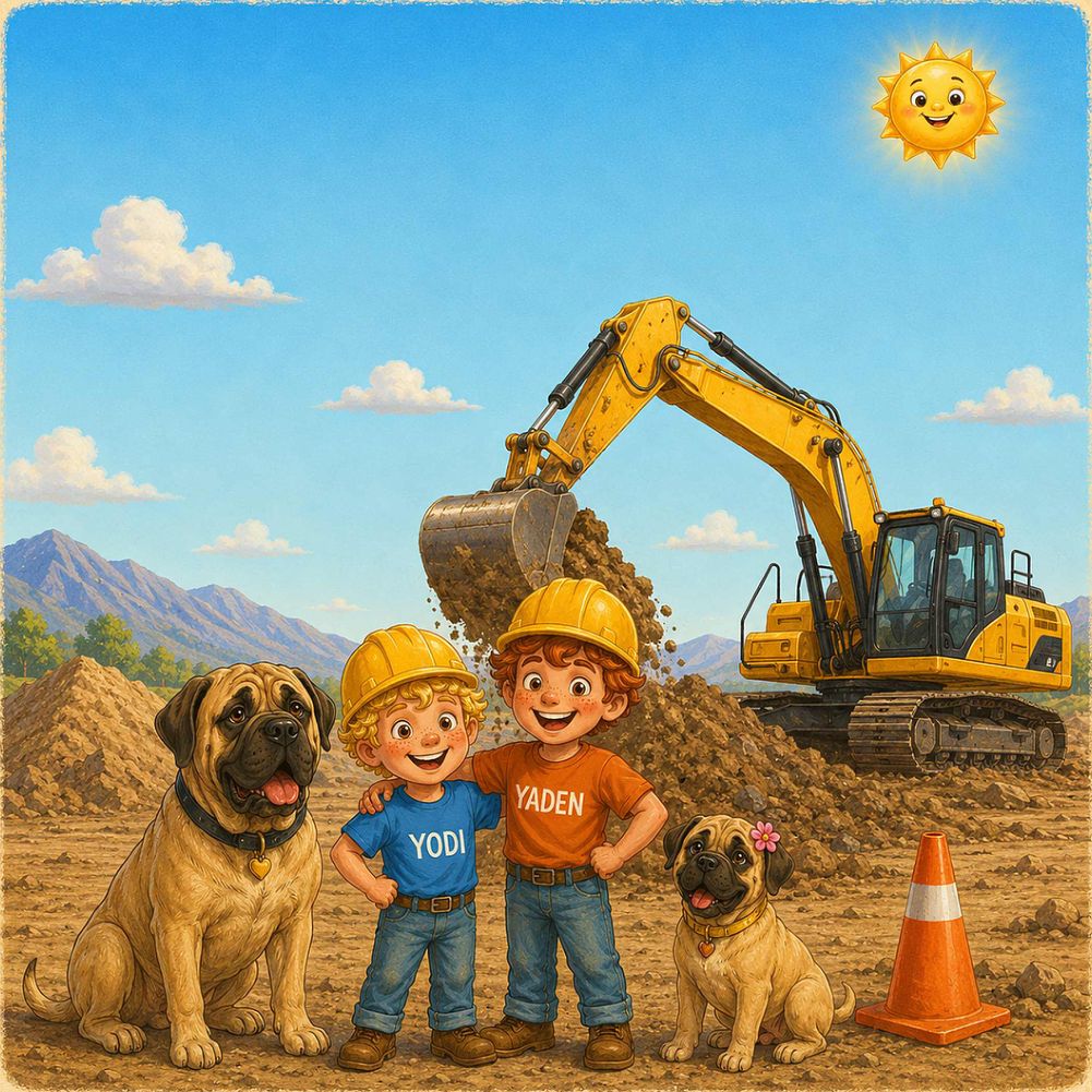 An excavator digging while the boys watch, from Ten Trucks on the Job Site