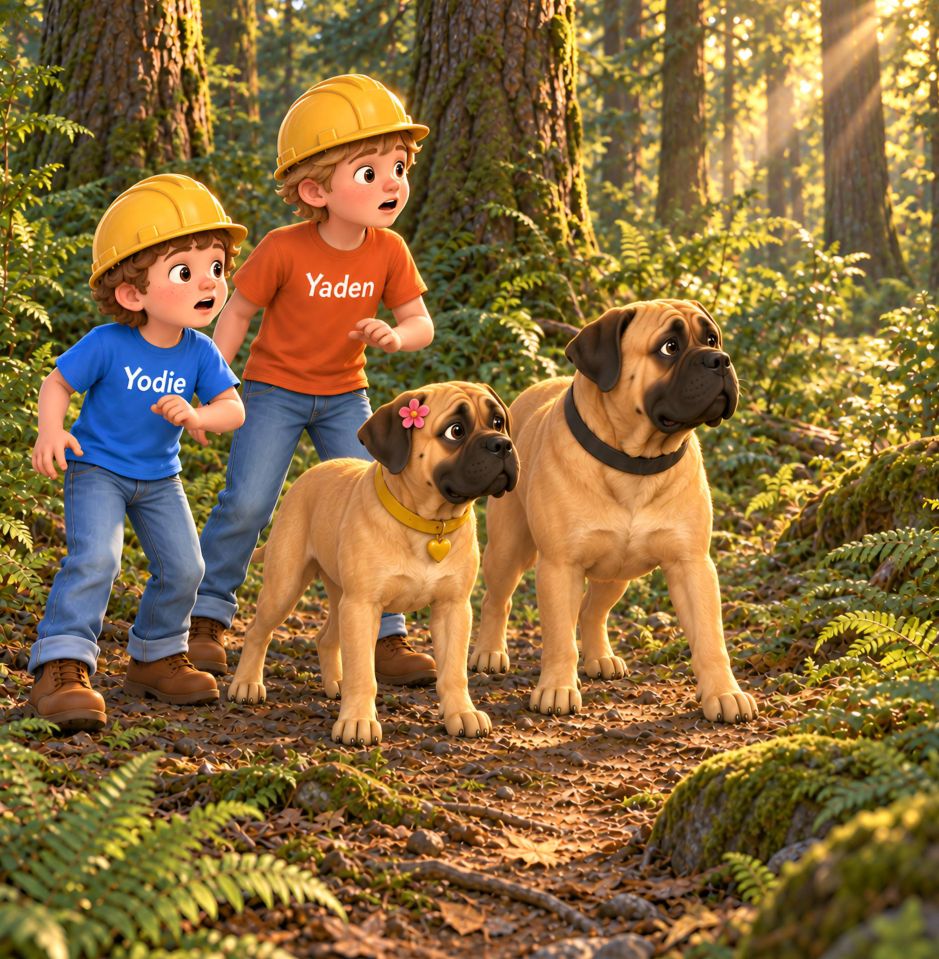 Yodie, Yaden and the dogs following the trail in the forest, from Giant Footprints