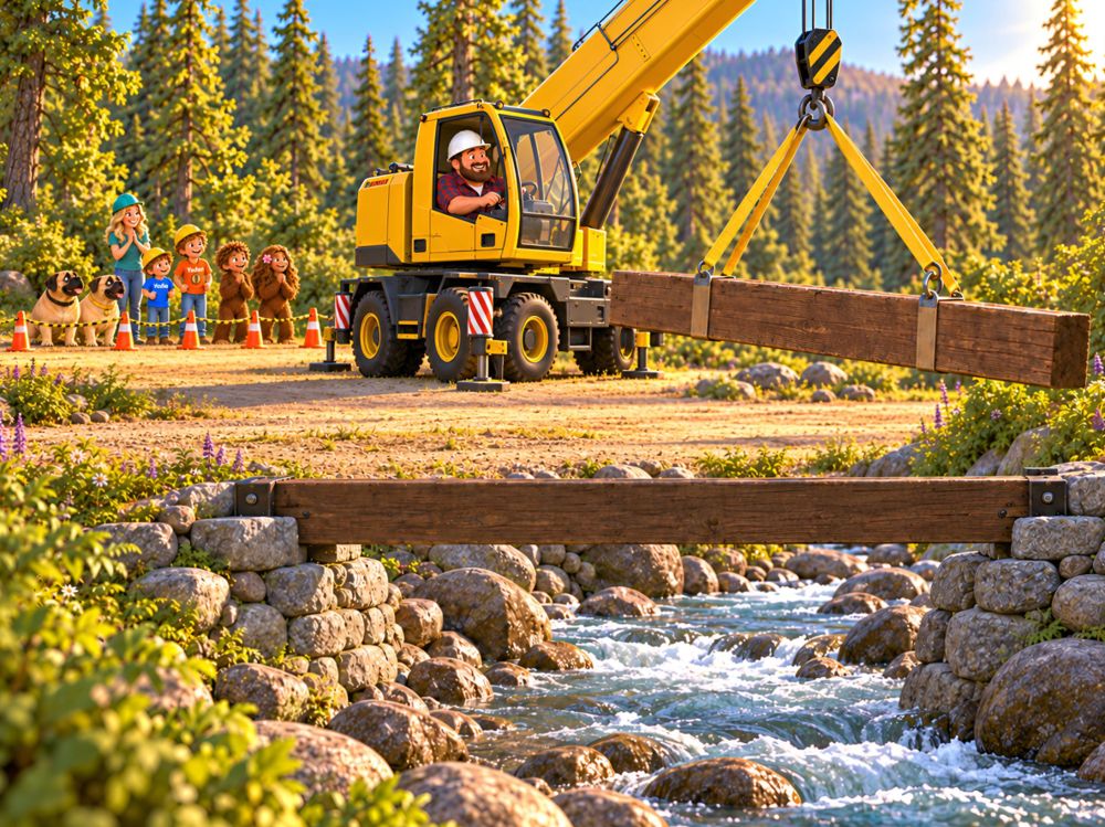 A crane lifting a beam over the stream, from The Bridge to Our Friends